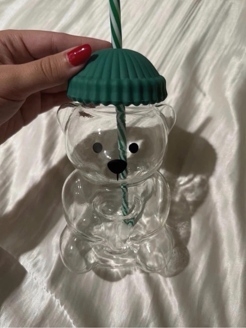 UNBRANDED glass bear cup with lid, beanie, and straw